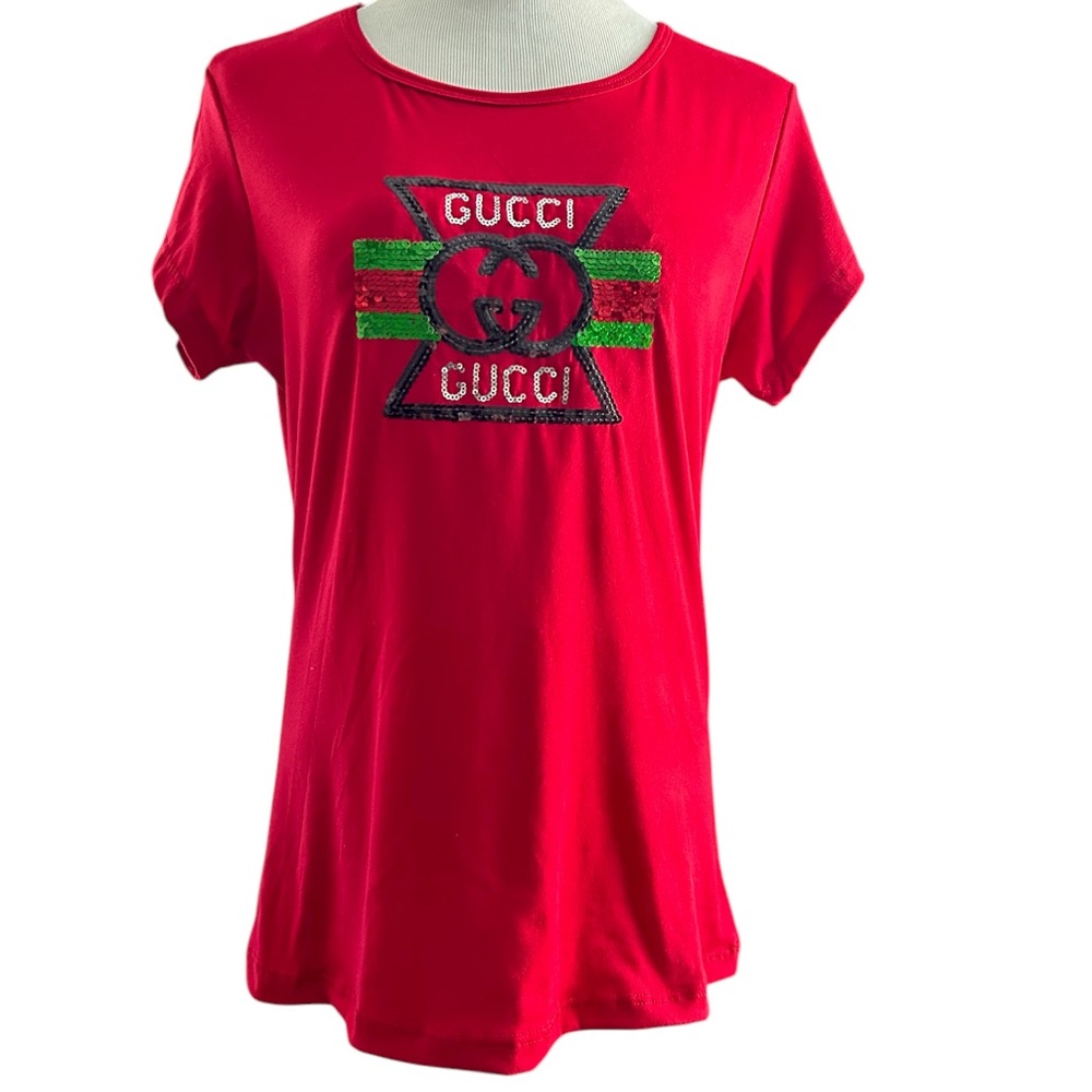 NWOT GG sequined Designs Red logo Tee with Graphic